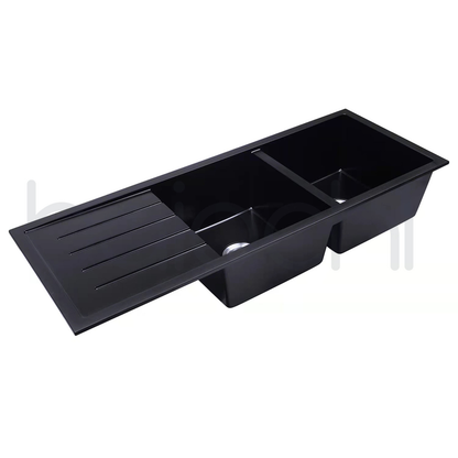 Baiachi 1160 x 450 Double Bowl and Drainer Granite Kitchen Sink Black with Antique Bronze Waste