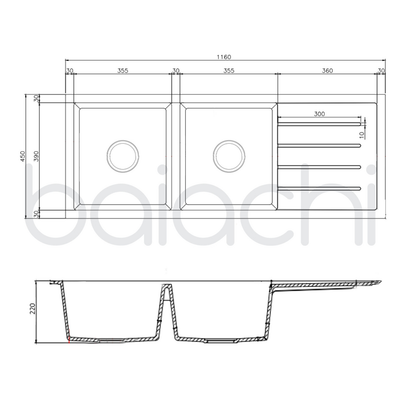 Baiachi 1160 x 450 Double Bowl and Drainer Granite Kitchen Sink Black with Stainless Steel Waste