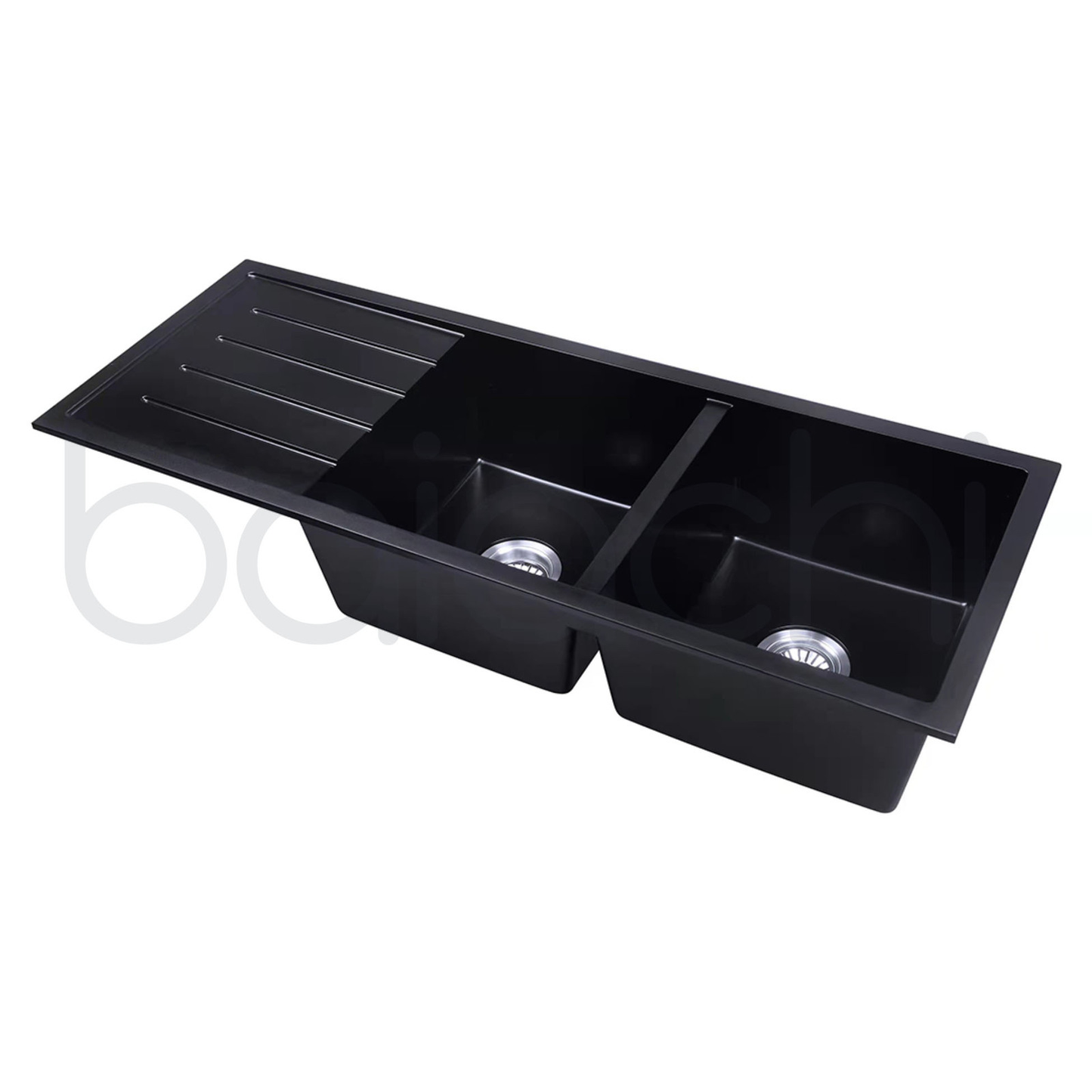 Baiachi 1160 x 450 Double Bowl and Drainer Granite Kitchen Sink Black with Brushed Copper Waste