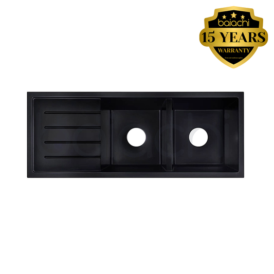 Baiachi 1160 x 450 Double Bowl and Drainer Granite Kitchen Sink Black