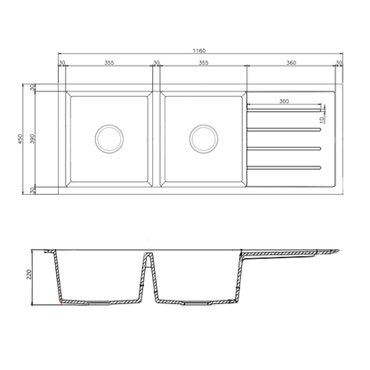 Baiachi Double Bowl and Drainer Granite Kitchen Sink Black