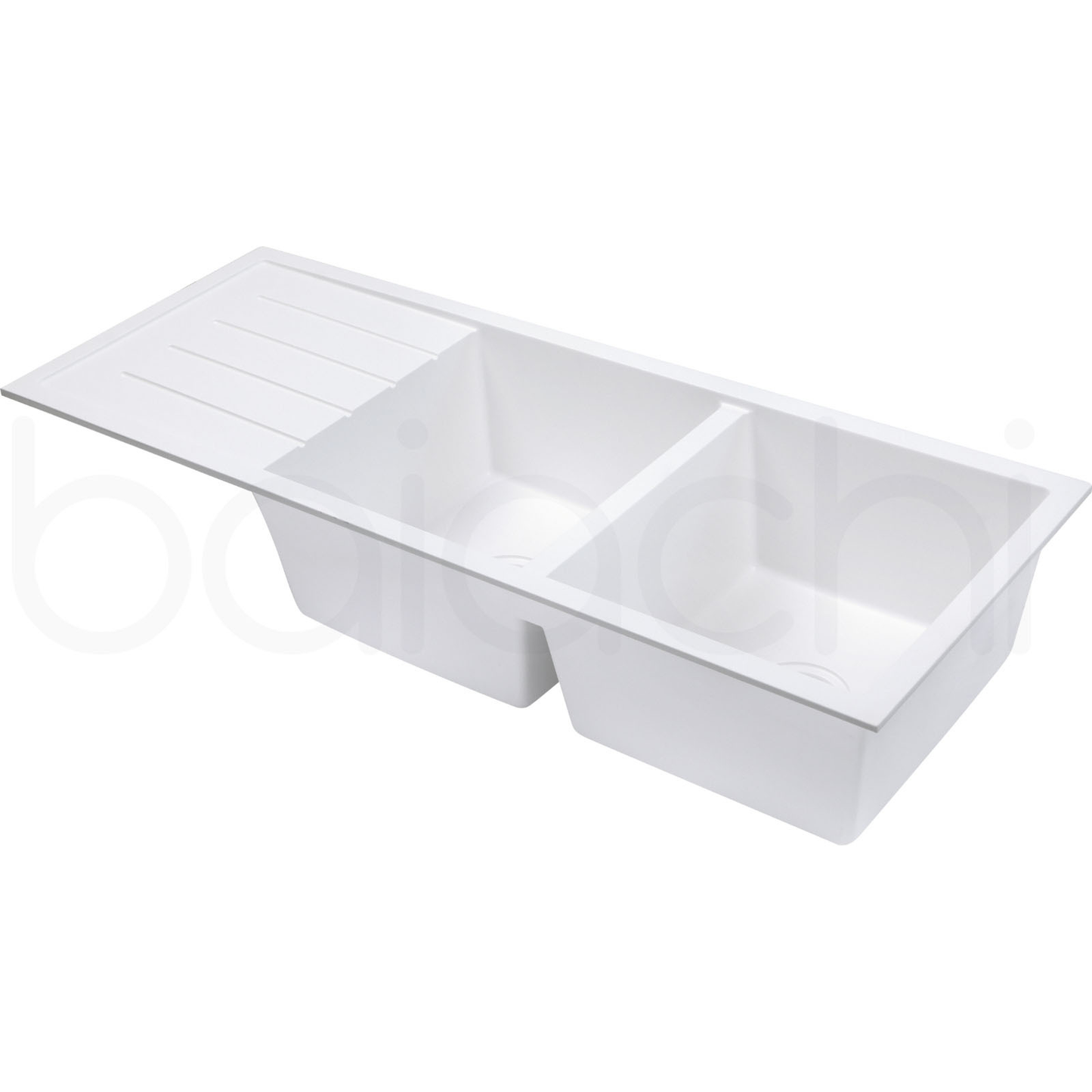 Baiachi 1160 x 450 Double Bowl and Drainer Granite Kitchen Sink White with Brushed Gold Waste