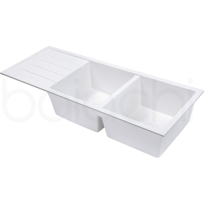 Baiachi 1160 x 450 Double Bowl and Drainer Granite Kitchen Sink White with Brushed Gold Waste