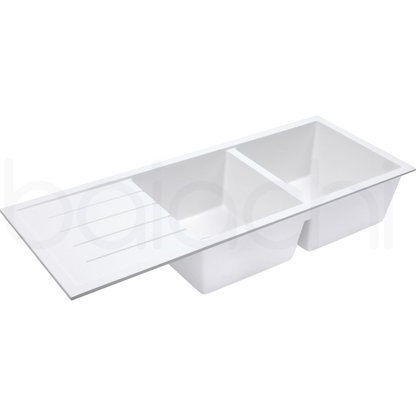 Baiachi 1160 x 450 Double Bowl and Drainer Granite Kitchen Sink White with Brushed Gold Waste