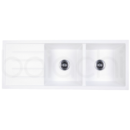Baiachi 1160 x 450 Double Bowl and Drainer Granite Kitchen Sink White with Brushed Gold Waste