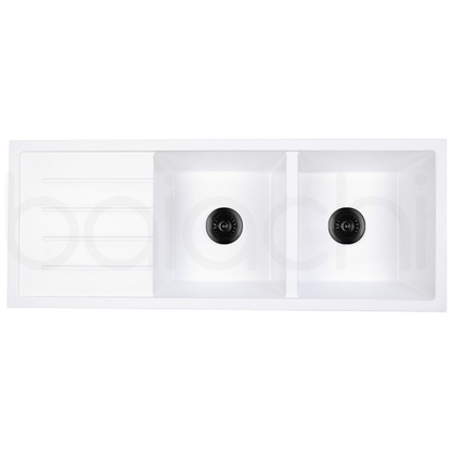 Baiachi 1160 x 450 Double Bowl and Drainer Granite Kitchen Sink White with Black Waste
