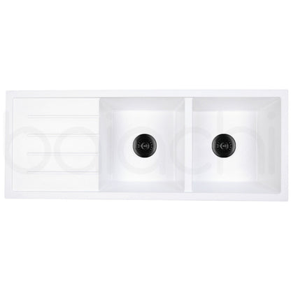 Baiachi 1160 x 450 Double Bowl and Drainer Granite Kitchen Sink White with Black Waste