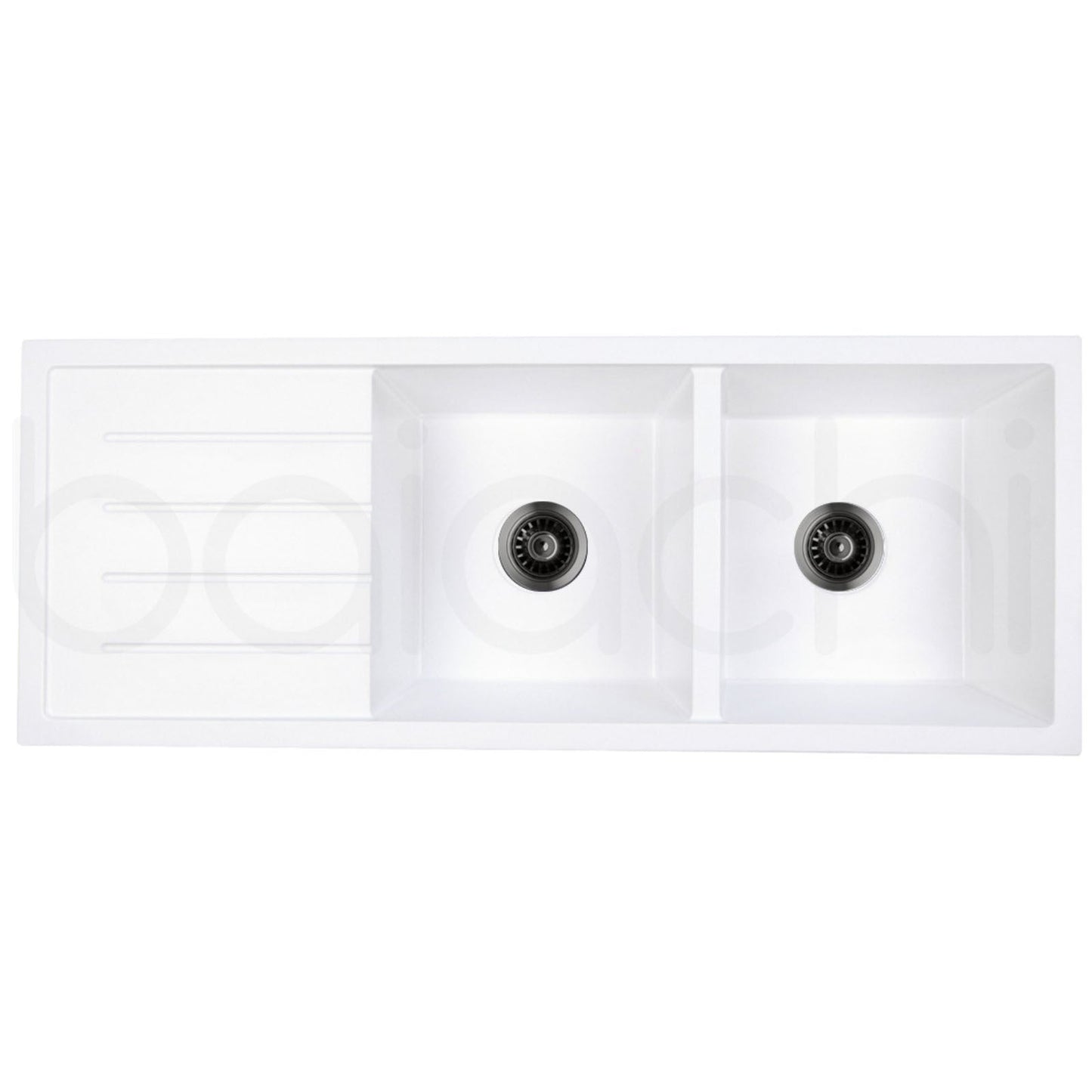 Baiachi 1160 x 450 Double Bowl and Drainer Granite Kitchen Sink White with Gun metal Waste