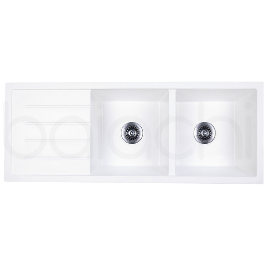 Baiachi Double Bowl and Drainer Granite Kitchen Sink White with Stainless Steel Waste