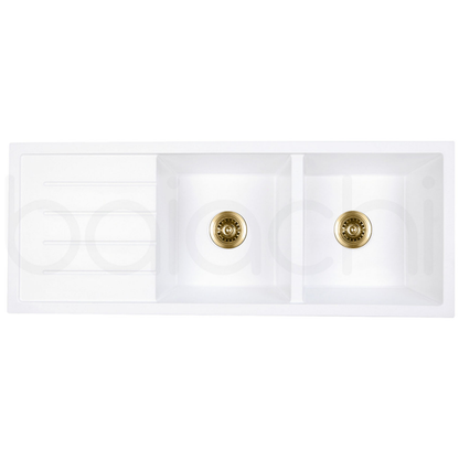 Baiachi 1160 x 450 Double Bowl and Drainer Granite Kitchen Sink White with Stainless Steel Waste
