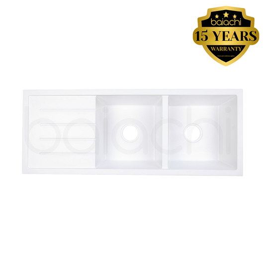 Baiachi 1160 x 450 Double Bowl and Drainer Granite Kitchen Sink White