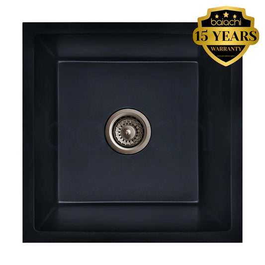 Baiachi 450 x 450 Single Bowl Granite Kitchen Sink Black with Antique Bronze Waste
