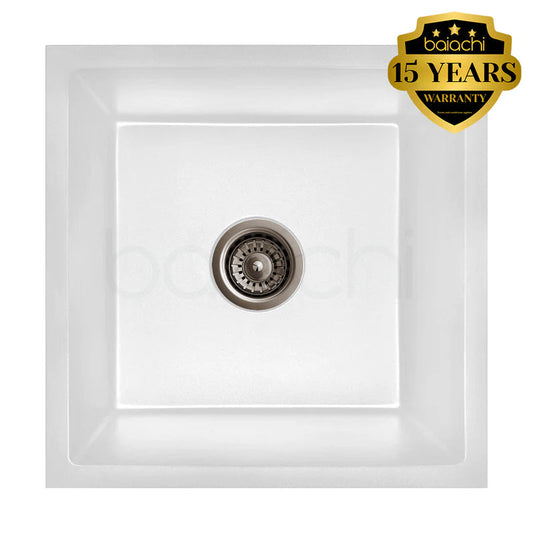 Baiachi 450 x 450 Single Bowl Granite Kitchen Sink White with Antique Bronze Waste