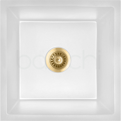 Baiachi 450 x 450 Single Bowl Granite Kitchen Sink White with Brushed Gold Waste