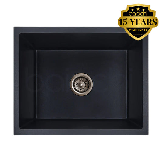 Baiachi 550 x 450 Single Bowl Granite Kitchen Sink Black with Antique Bronze Waste