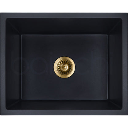 Baiachi 550 x 450 Single Bowl Granite Kitchen Sink Black with Brushed Gold Waste