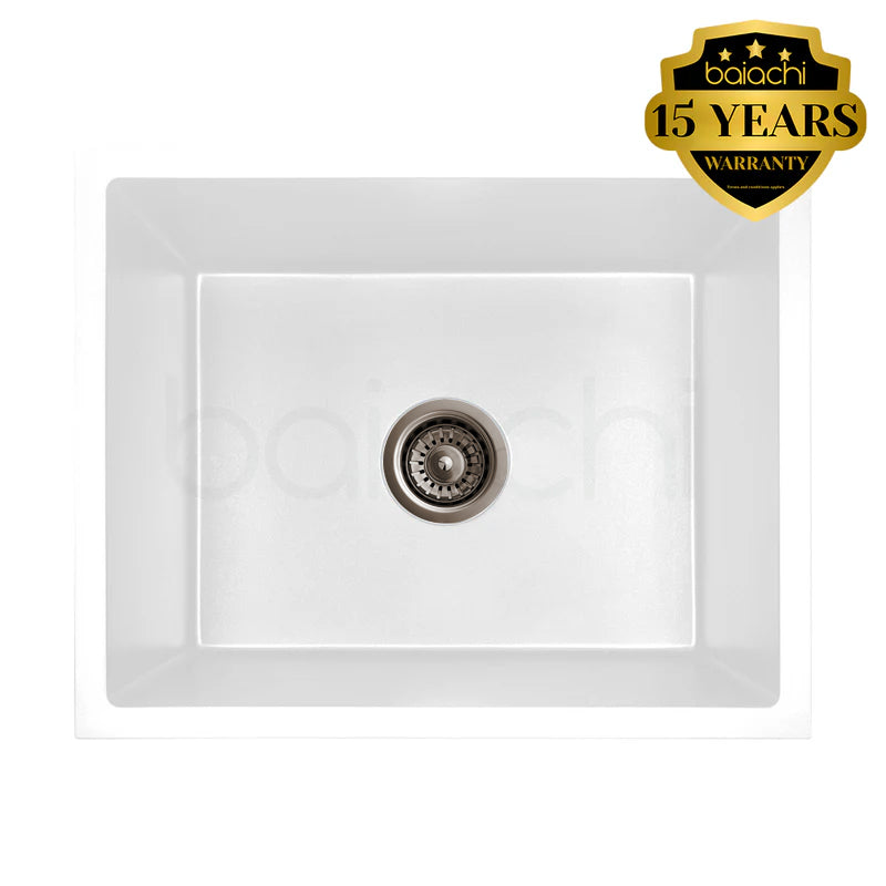 Baiachi 650 x 450 Single Bowl Granite Kitchen Sink White with Antique Bronze Waste