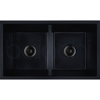 Baiachi 770 x 450 Double Bowl Granite Kitchen Sink Black with Brushed Gold Waste