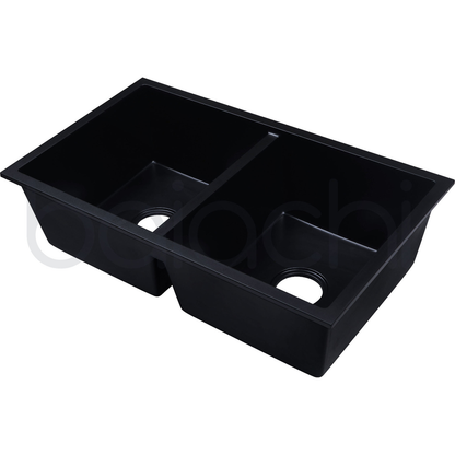 Baiachi 770 x 450 Double Bowl Granite Kitchen Sink Black with Gun metal Waste