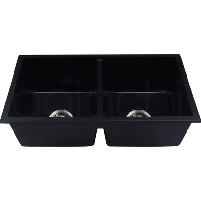 Baiachi 770 x 450 Double Bowl Granite Kitchen Sink Black with Stainless Steel Waste