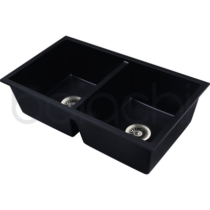 Baiachi Double Bowl Granite Kitchen Sink Black with Stainless Steel Waste