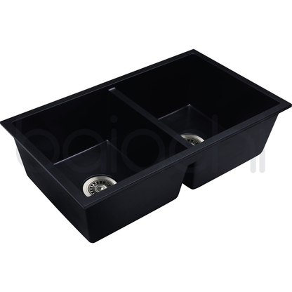 Baiachi 770 x 450 Double Bowl Granite Kitchen Sink Black with Stainless Steel Waste