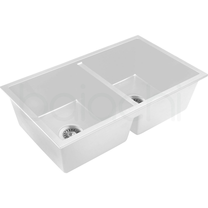 Baiachi 770 x 450 Double Bowl Granite Kitchen Sink White with Stainless Steel Waste
