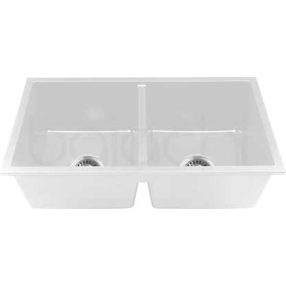 Baiachi 770 x 450 Double Bowl Granite Kitchen Sink White with Brushed Copper Waste