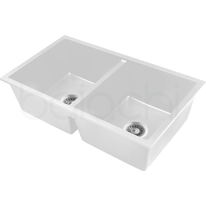 Baiachi 770 x 450 Double Bowl Granite Kitchen Sink White with Brushed Copper Waste