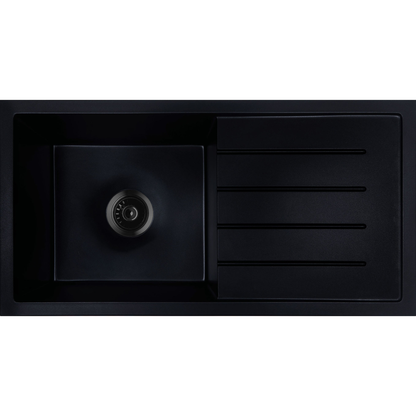 Baiachi 860 x 450 Single Bowl and Drainer Granite Kitchen Sink Black with Brushed Gold Waste