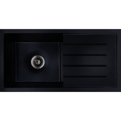 Baiachi 860 x 450 Single Bowl and Drainer Granite Kitchen Sink Black with Brushed Gold Waste