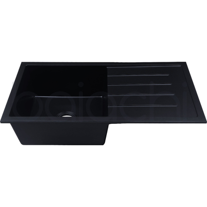 Baiachi 860 x 450 Single Bowl and Drainer Granite Kitchen Sink Black with Black Waste