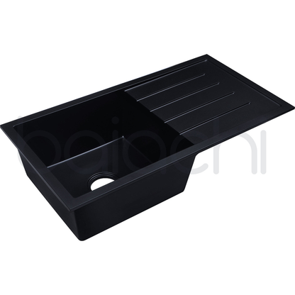 Baiachi 860 x 450 Single Bowl and Drainer Granite Kitchen Sink Black with Black Waste