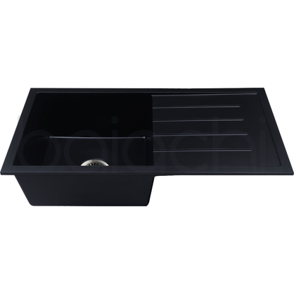 Baiachi 860 x 450 Single Bowl and Drainer Granite Kitchen Sink Black with Antique Bronze Waste