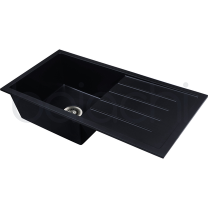 Baiachi 860 x 450 Single Bowl and Drainer Granite Kitchen Sink Black with Stainless Steel Waste
