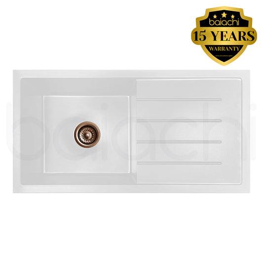 Baiachi 860 x 450 Single Bowl and Drainer Granite Kitchen Sink White with Brushed Copper Waste