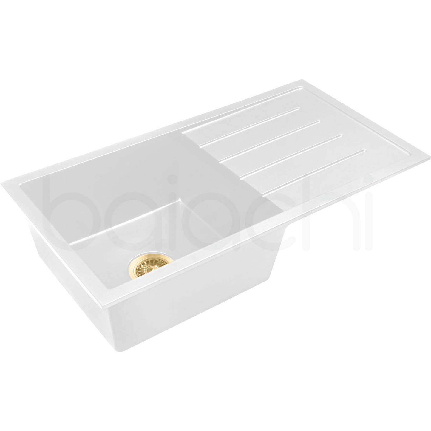 Baiachi 860 x 450 Single Bowl and Drainer Granite Kitchen Sink White with Brushed Gold Waste