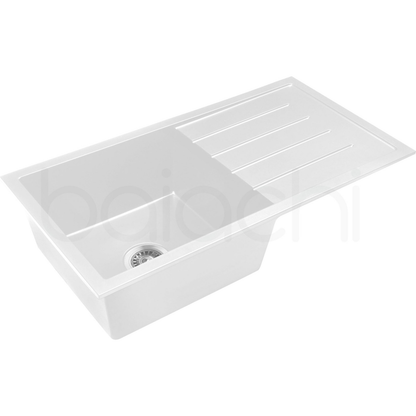 Baiachi 860 x 450 Single Bowl and Drainer Granite Kitchen Sink White with Brushed Gold Waste