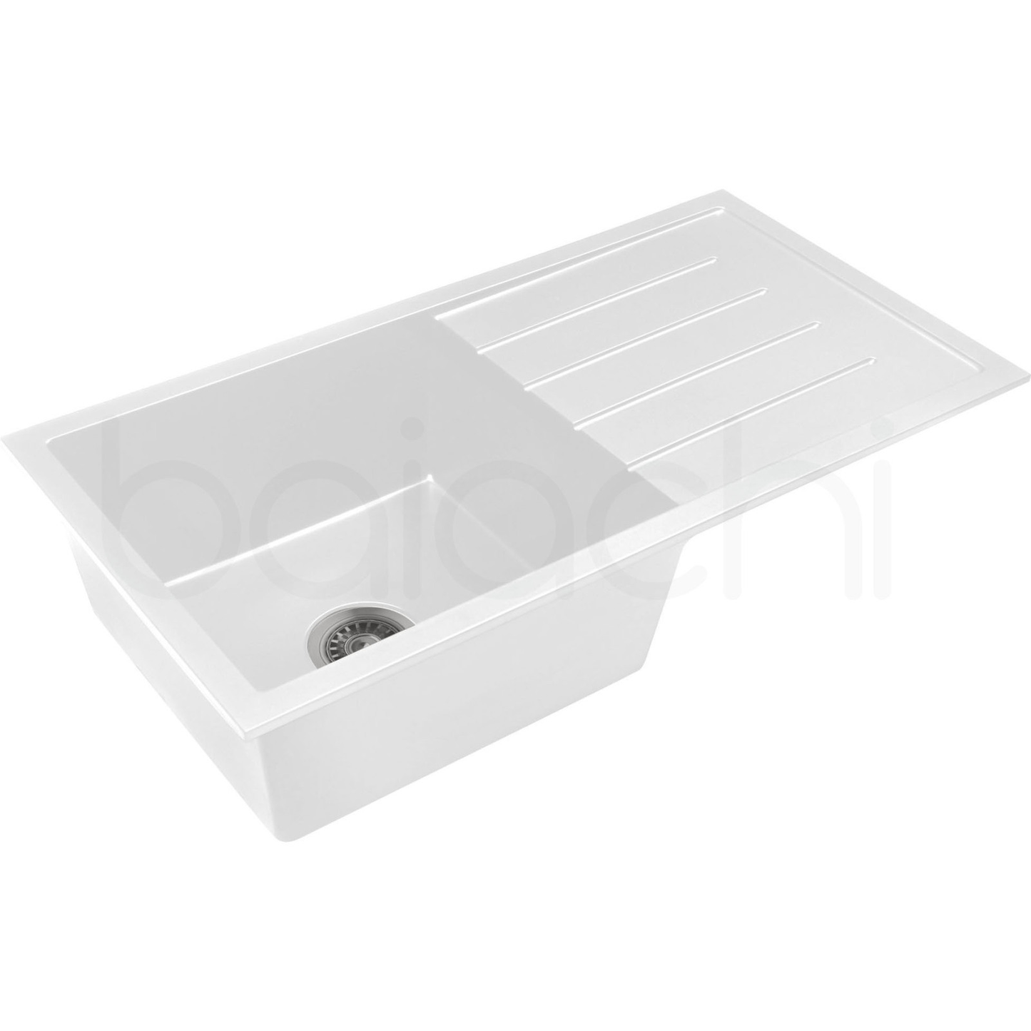 Baiachi 860 x 450 Single Bowl and Drainer Granite Kitchen Sink White with Black Waste