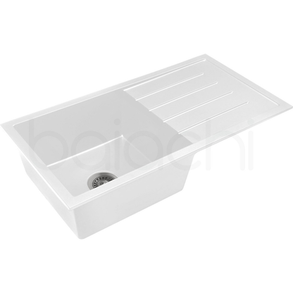Baiachi 860 x 450 Single Bowl and Drainer Granite Kitchen Sink White with Black Waste