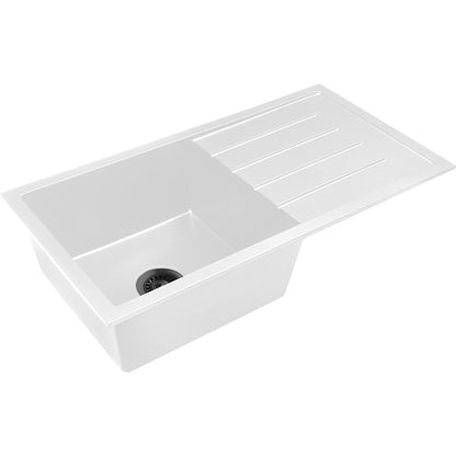 Baiachi 860 x 450 Single Bowl and Drainer Granite Kitchen Sink White with Black Waste