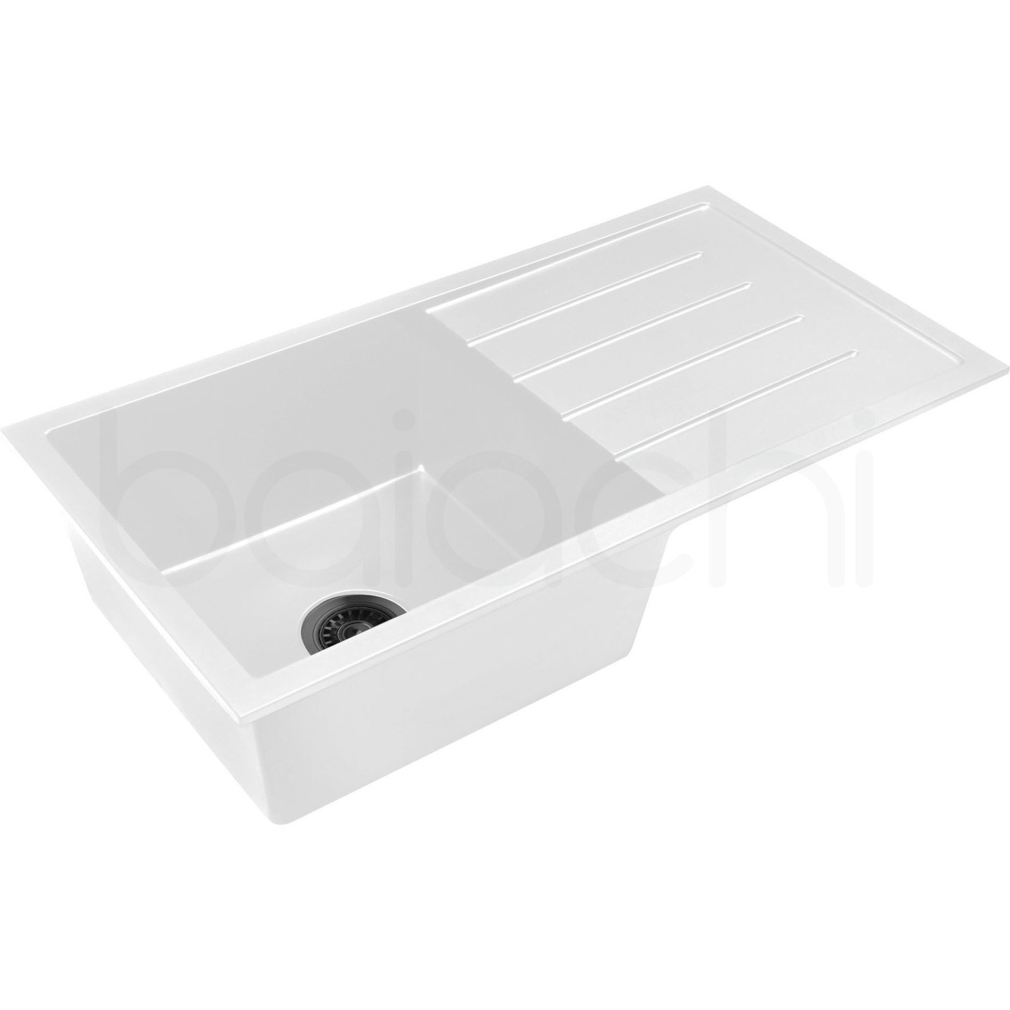 Baiachi 860 x 450 Single Bowl and Drainer Granite Kitchen Sink White with Gun metal Waste