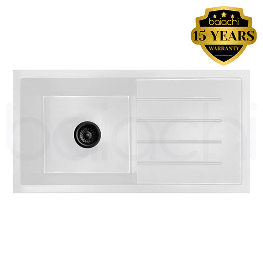 Baiachi 860 x 450 Single Bowl and Drainer Granite Kitchen Sink White with Black Waste