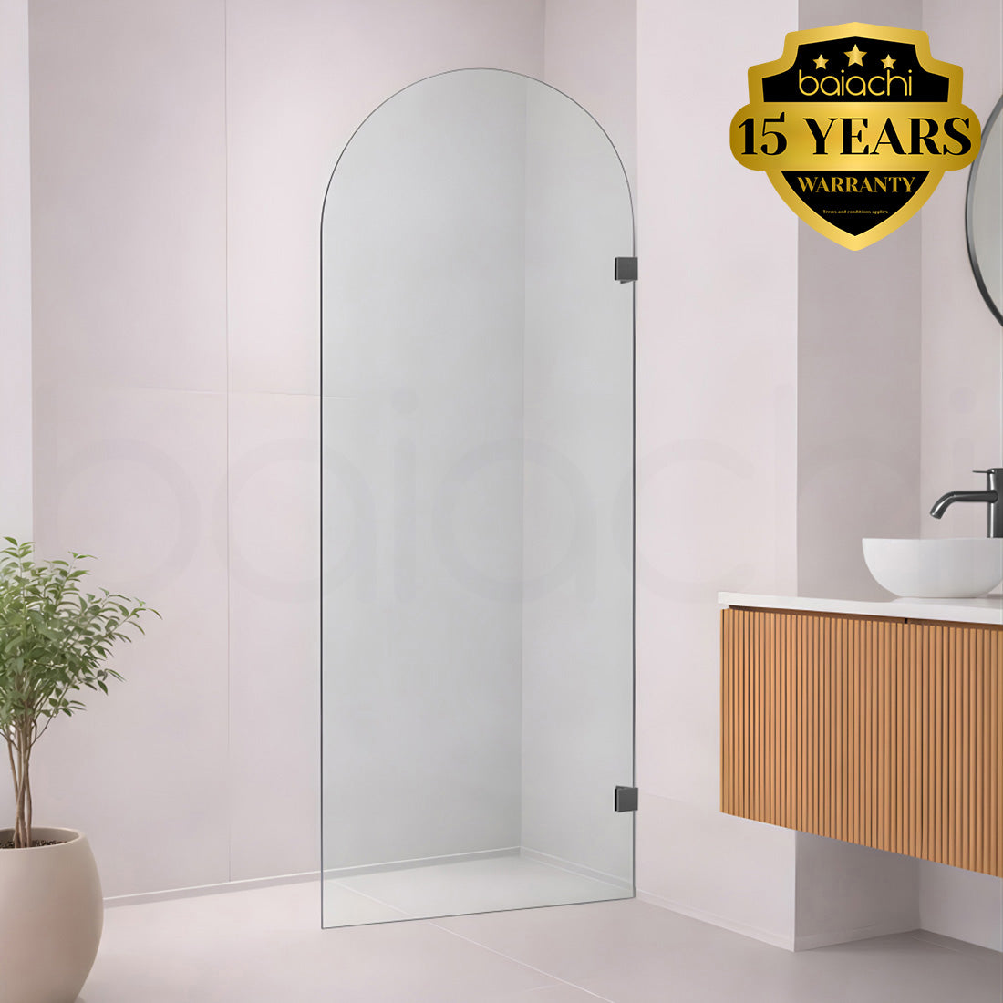 Baiachi 900mm Arched Glass Fixed Panel Shower Screen Gun Metal