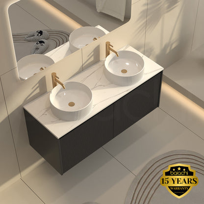 Baiachi Clermont 1200 Black Fluted Wall Hung Bathroom Vanity White Stone Double Undercounter Basin