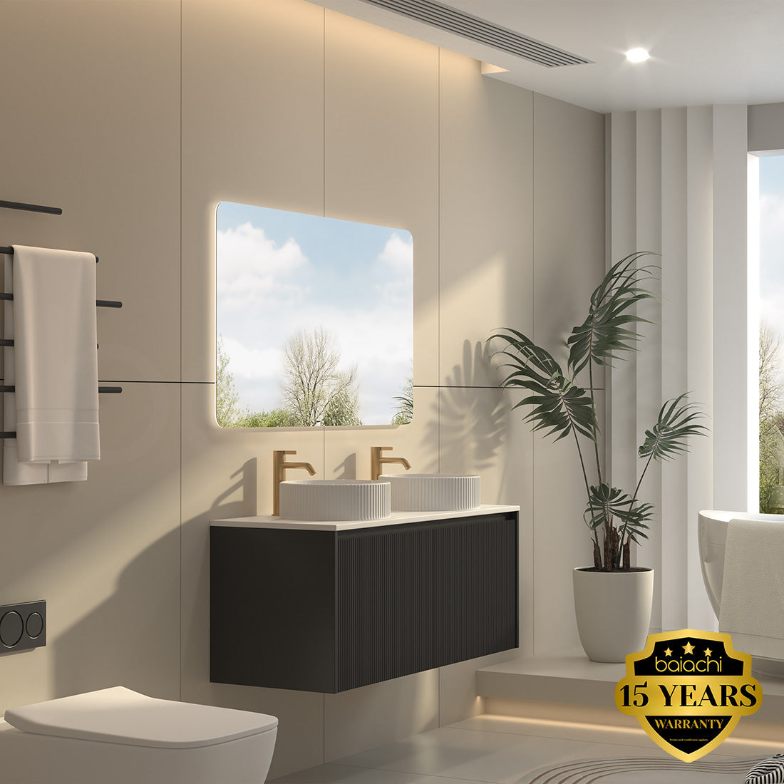 Baiachi Clermont 1200 Black Fluted Wall Hung Bathroom Vanity White Stone Double Undercounter Basin