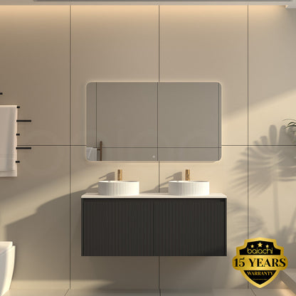 Baiachi Clermont 1500 Black Fluted Wall Hung Bathroom Vanity White Stone Double Undercounter Basin