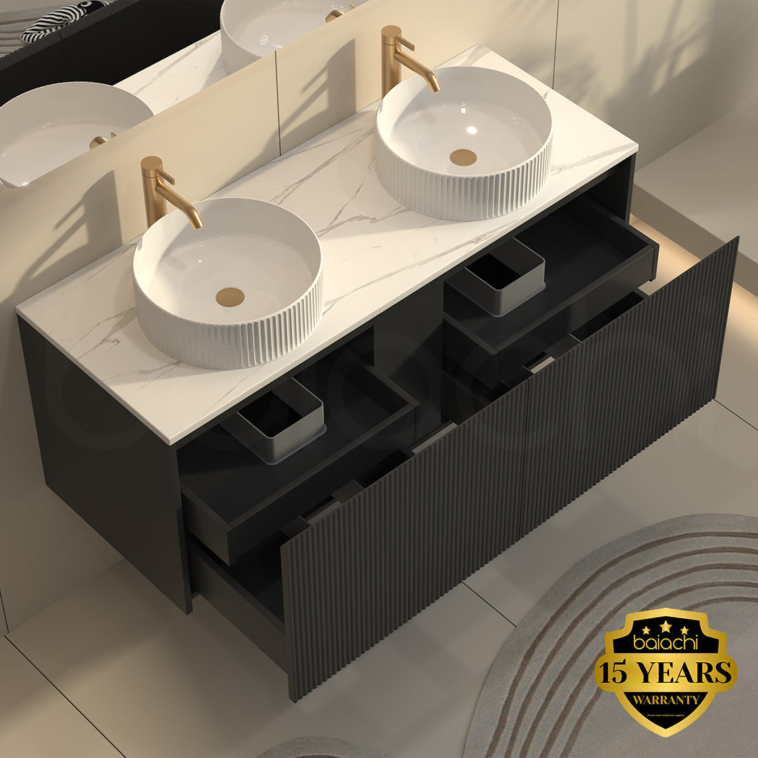 Baiachi Clermont 1200 Black Fluted Wall Hung Bathroom Vanity White Stone Double Undercounter Basin