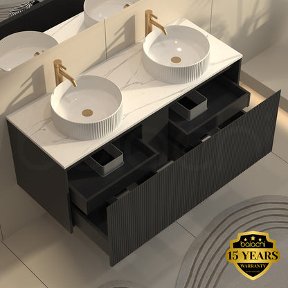 Baiachi Clermont 1500 Black Fluted Wall Hung Bathroom Vanity Calacatta Stone Double Undercounter Basin