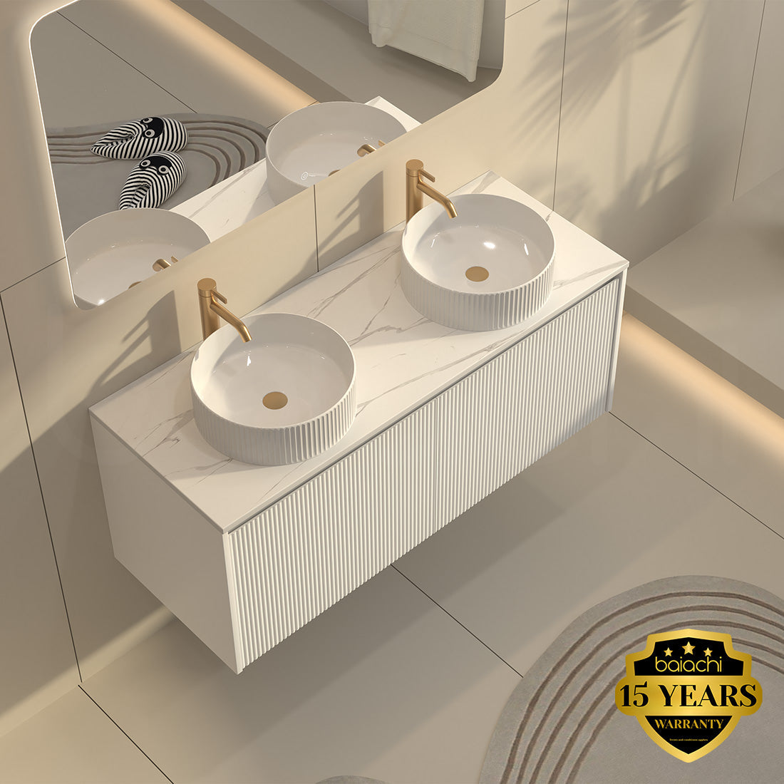 Baiachi Clermont 1200 White Fluted Wall Hung Bathroom Vanity White Stone Double Undercounter Basin